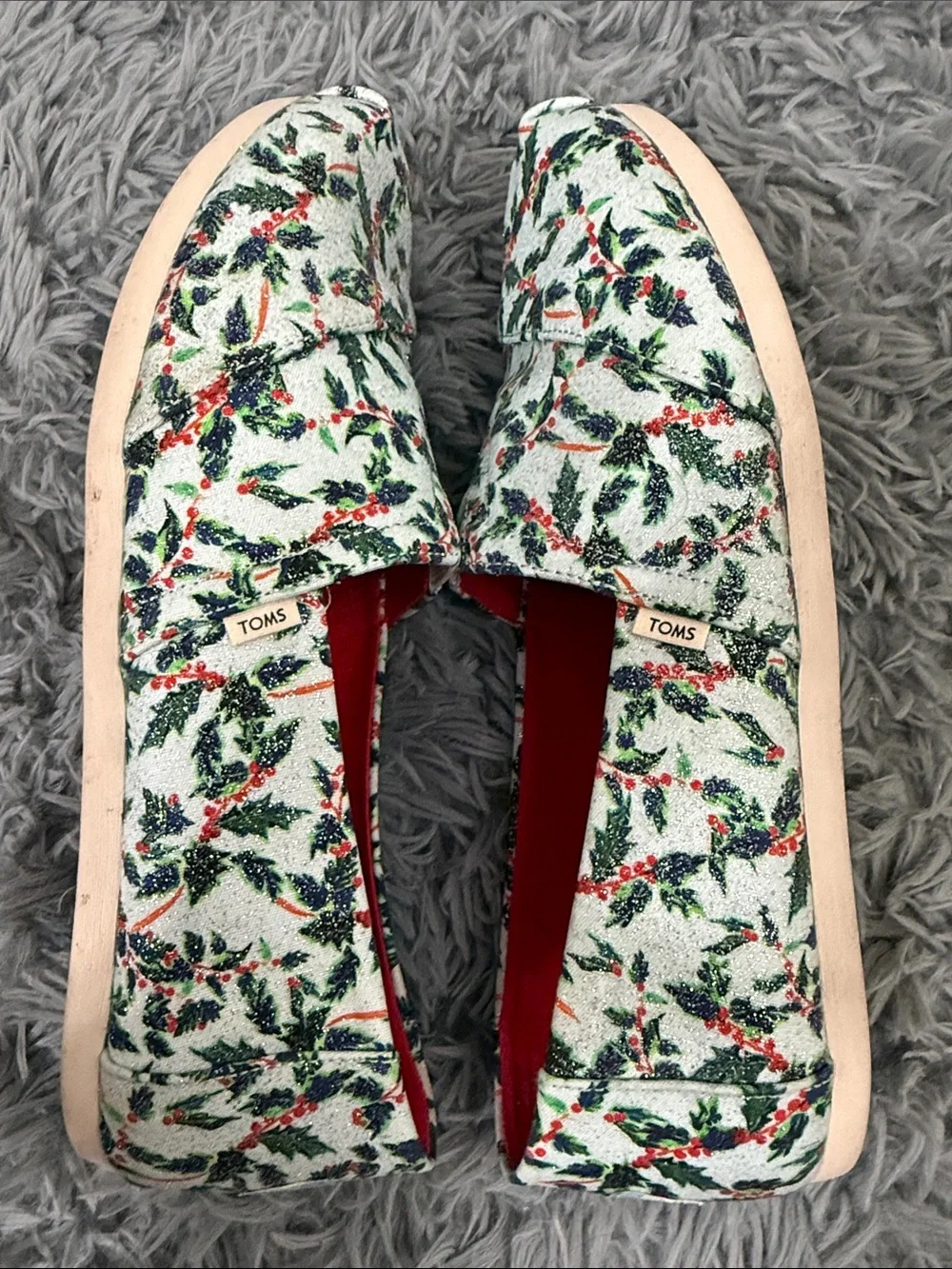 Toms Women's White Slip-On Flats with Red and Green Floral Glitter